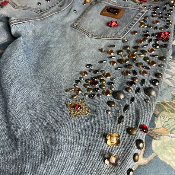 🤩 Dolce & Gabbana Crystal Roses Heart Embellished Jeans Authentic Sz 44 US 8/10 - Picture 13 of 16